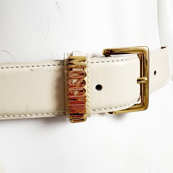 Moschino Belt by Redwall Vanilla Leather Gold Metal Logo Lettering Vintage Sz 40 main image 9